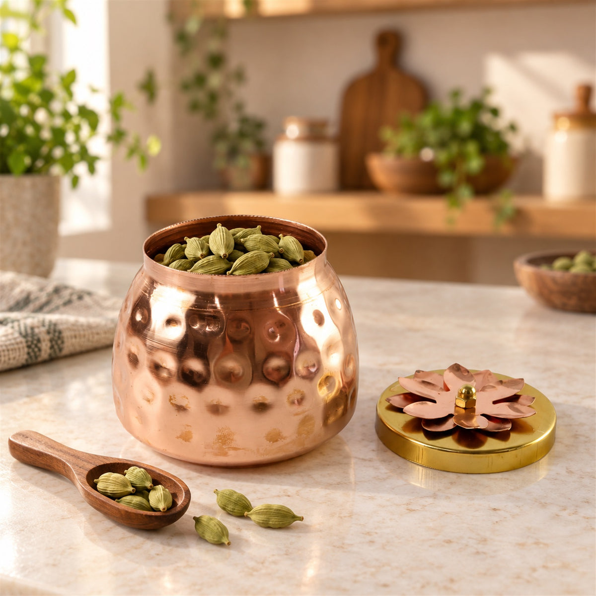 Copper Finish Storage Jar with Flower Lid for Dry Fruits and Home Decor (1 Pc)