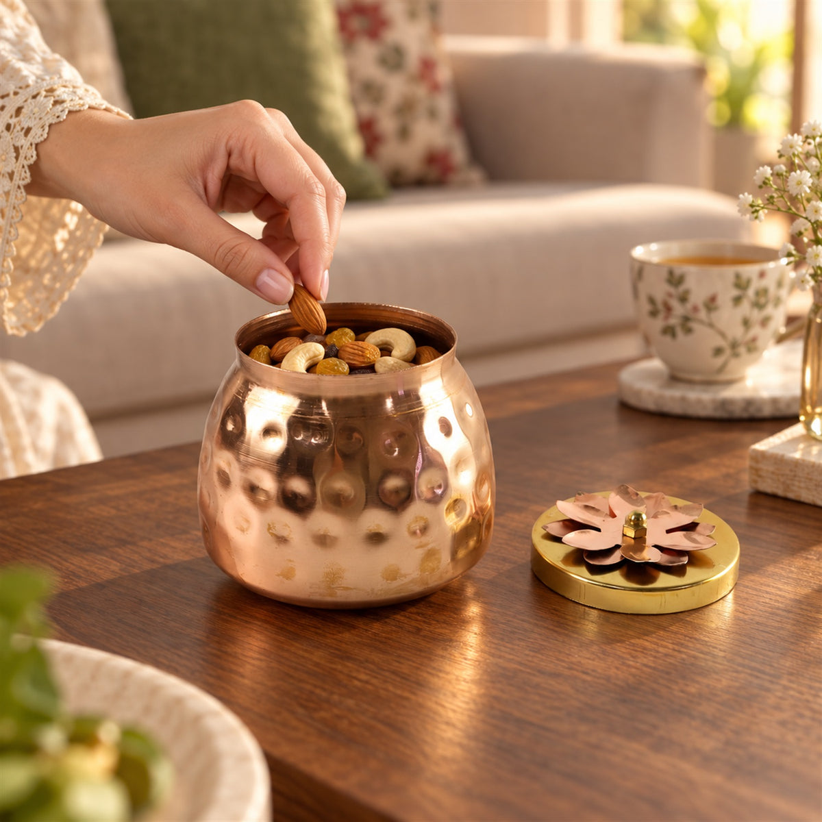 Copper Finish Storage Jar with Flower Lid for Dry Fruits and Home Decor (1 Pc)