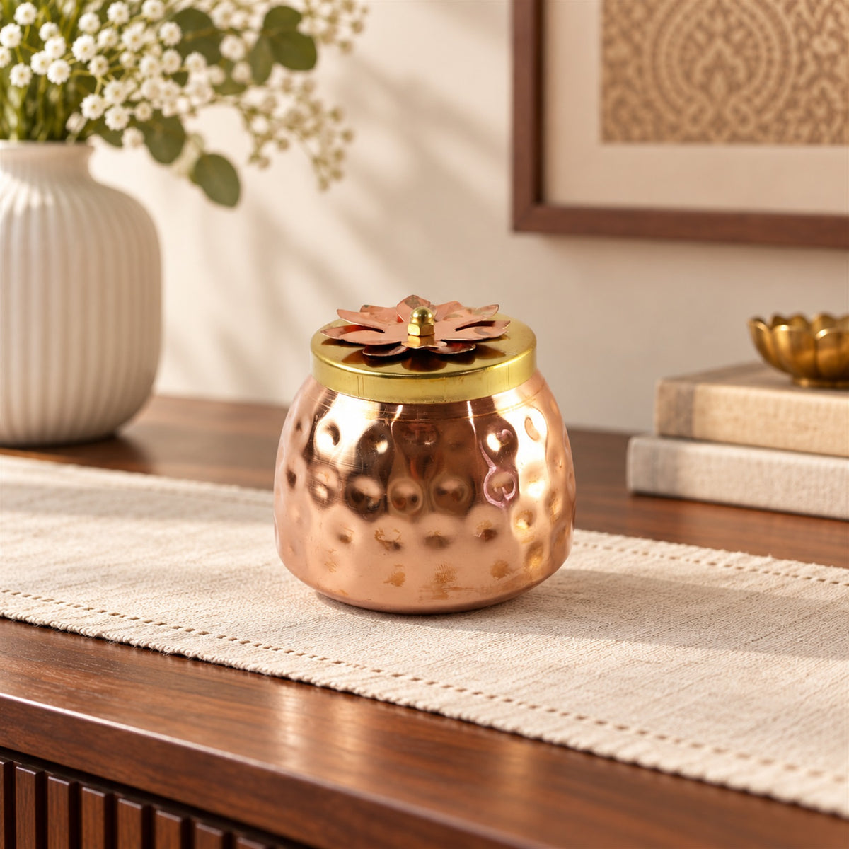 Copper Finish Storage Jar with Flower Lid for Dry Fruits and Home Decor (1 Pc)