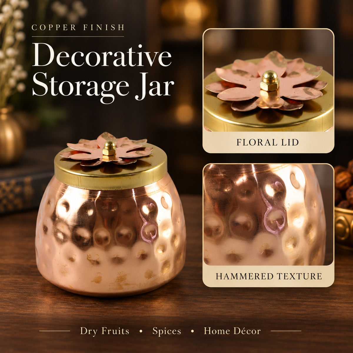 Copper Finish Storage Jar with Flower Lid for Dry Fruits and Home Decor (1 Pc)