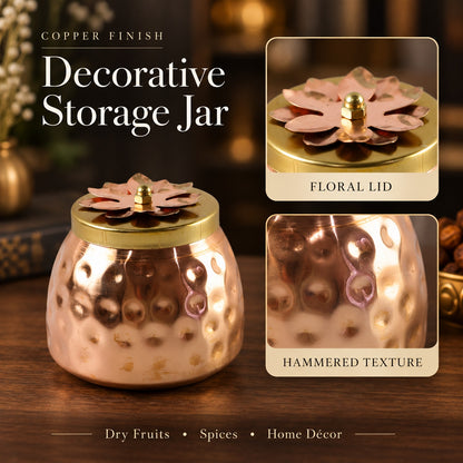 Copper Finish Storage Jar with Flower Lid for Dry Fruits and Home Decor (1 Pc)
