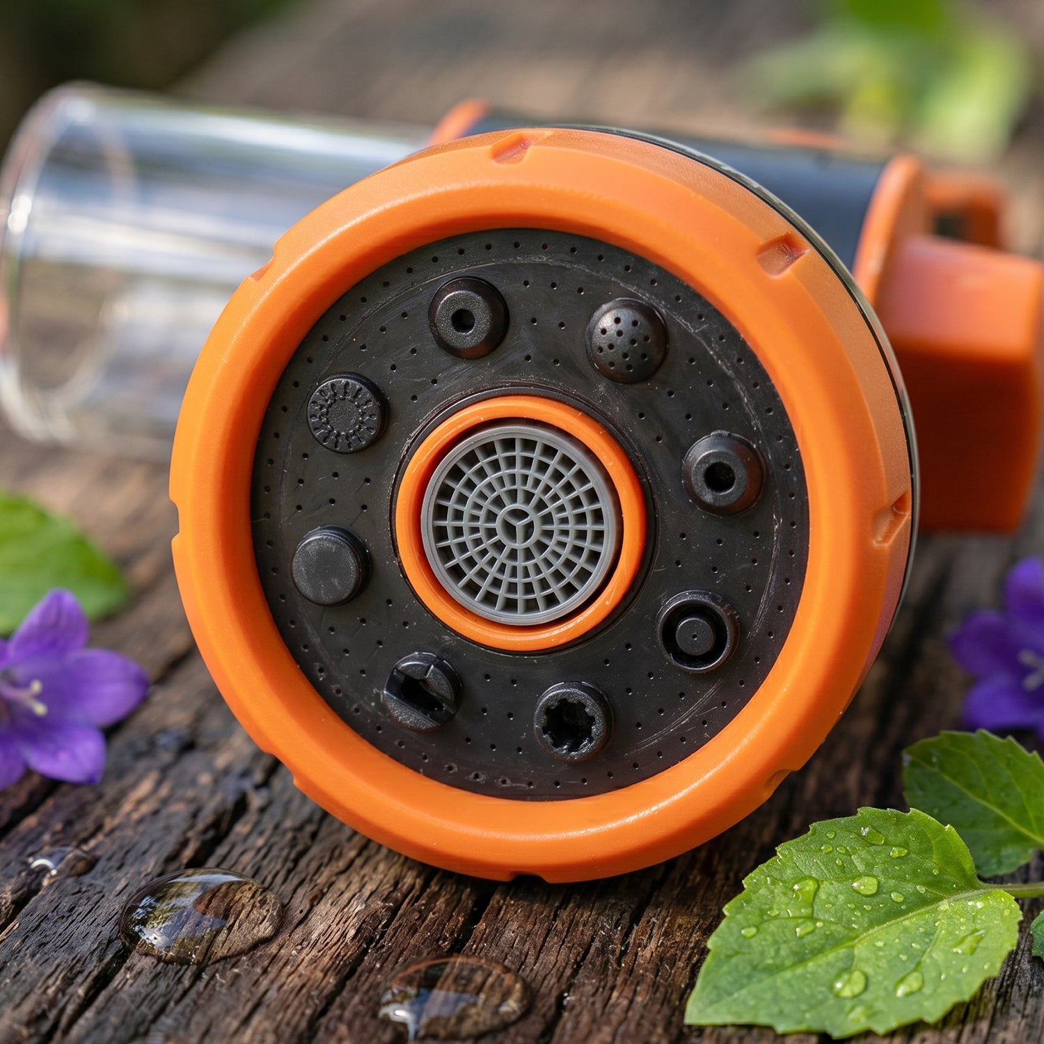 Adjustable garden hose spray nozzle in black with orange for watering and outdoor cleaning