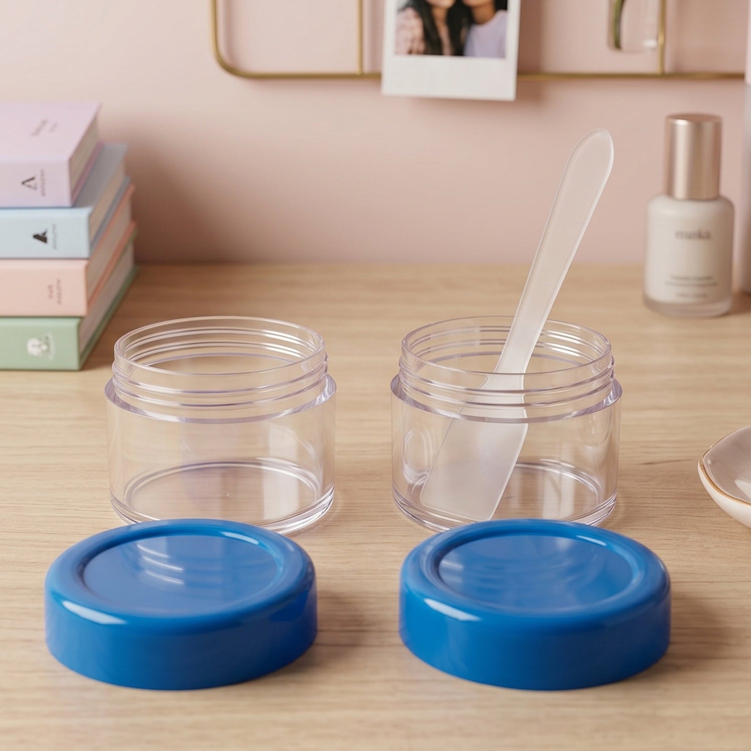 Empty Plastic Cosmetic Cream Jar Set with Spatula for Cream and Balm (2 Pc)