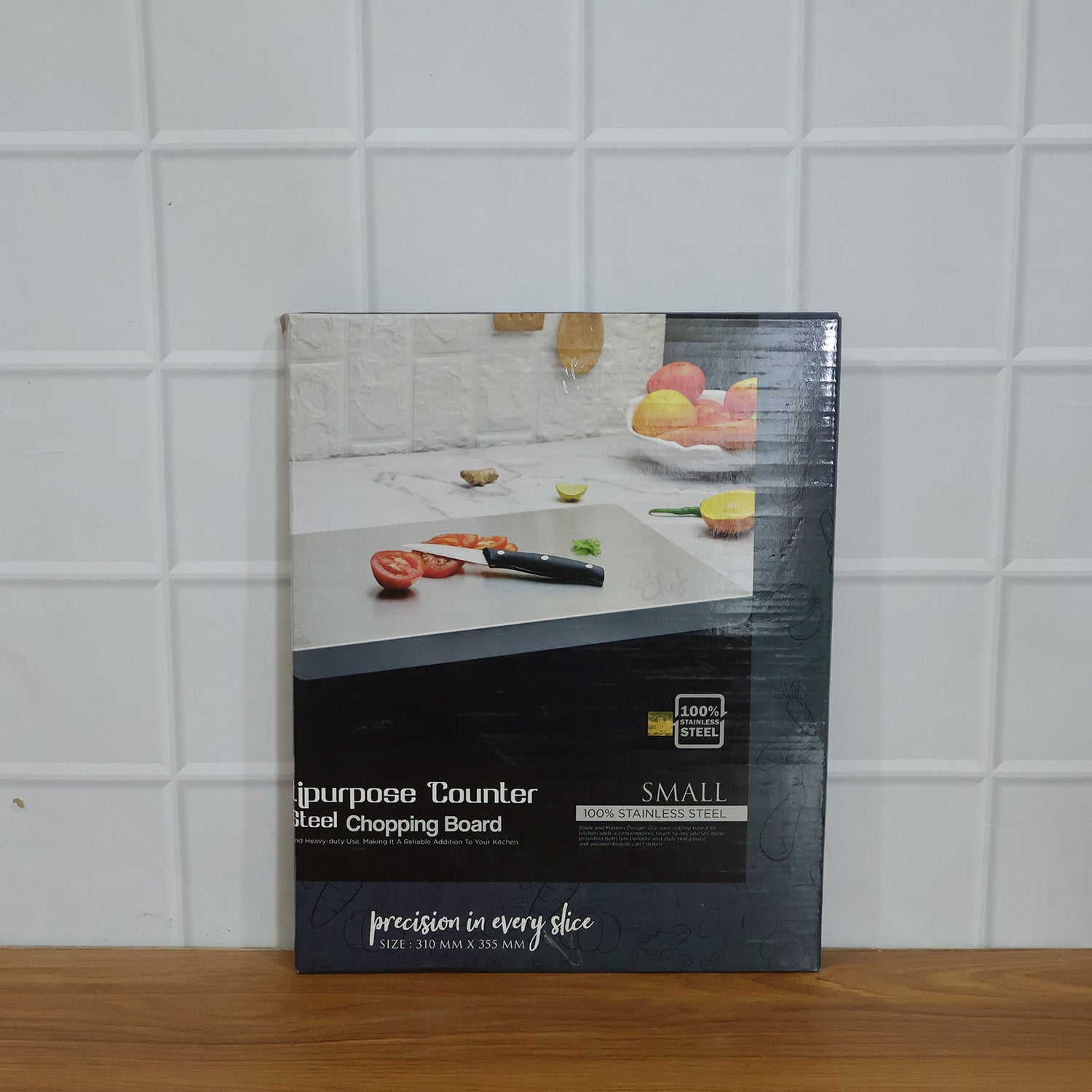 Hygienic stainless steel chopping board in use