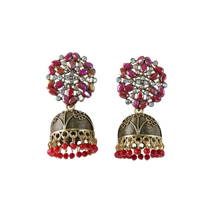 Festive style golden jhumka earrings with red beads