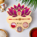 Designer Royal Lion Kundan Floral Rakhi with Peach Pearl Beads Roli Chawal Coin Set