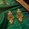 Royal Gold Finish Kundan Chandbali Earrings with Red Green Stones & Bell Drops