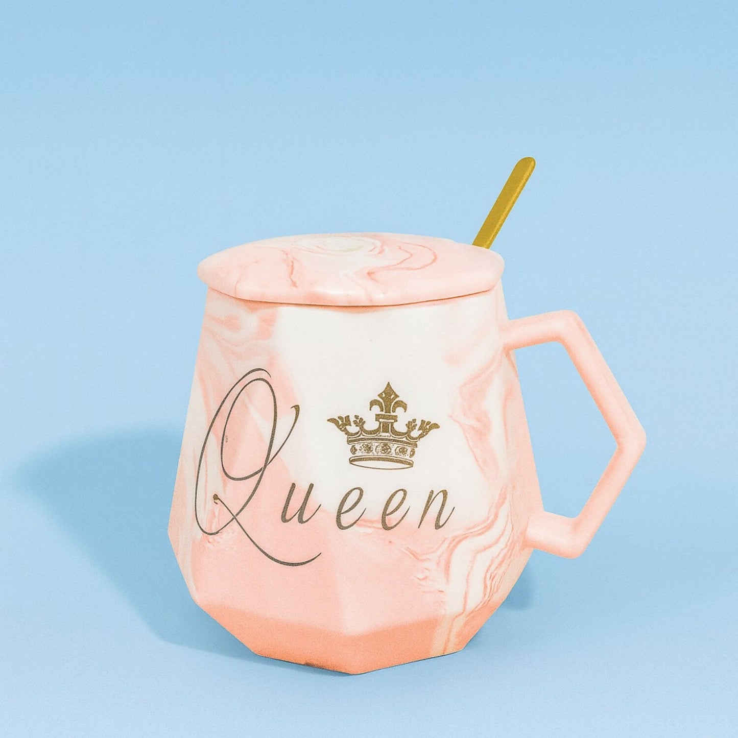 Queen Marble Ceramic Mug with Lid & Spoon | Premium Designer Coffee & Tea Cup for Women | Luxury Crown Print Gift Mug | Heat-Retaining Lid | Elegant Geometric Shape | Perfect Gift for Wife, Girlfriend, Sister & Mom (Queen Edition)