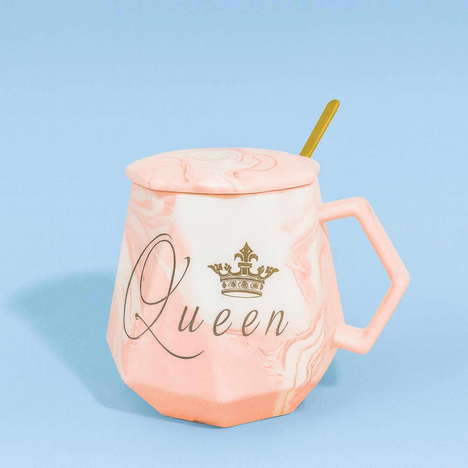 Queen Marble Ceramic Mug with Lid & Spoon | Premium Designer Coffee & Tea Cup for Women | Luxury Crown Print Gift Mug | Heat-Retaining Lid | Elegant Geometric Shape | Perfect Gift for Wife, Girlfriend, Sister & Mom (Queen Edition)