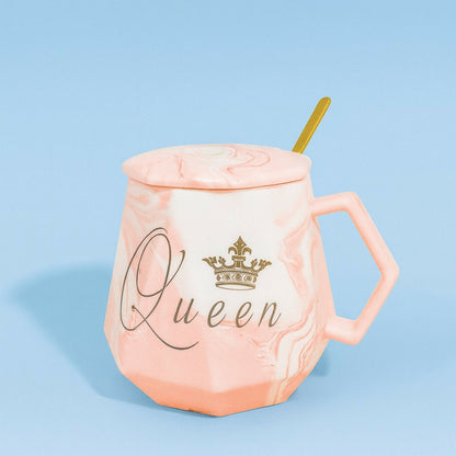 Queen Marble Ceramic Mug with Lid & Spoon | Premium Designer Coffee & Tea Cup for Women | Luxury Crown Print Gift Mug | Heat-Retaining Lid | Elegant Geometric Shape | Perfect Gift for Wife, Girlfriend, Sister & Mom (Queen Edition)