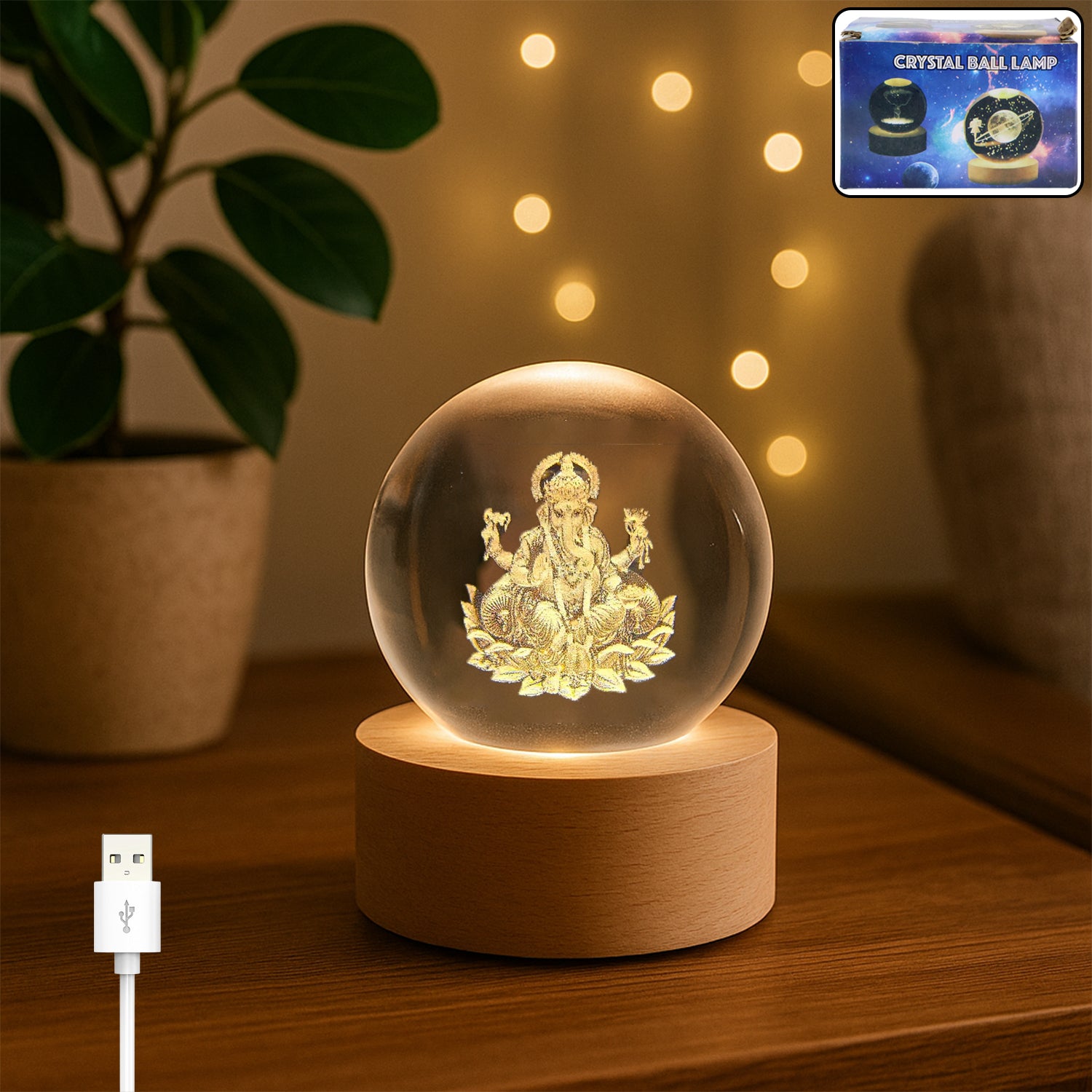 Ganpati 3D Crystal Ball Lamp with wooden base front view
