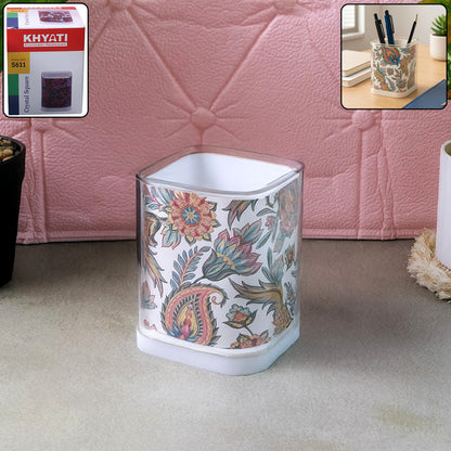 Khyati Crystal Square Pen Stand – Elegant Transparent Floral Desk Organizer