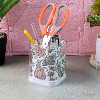 Khyati Crystal Square Pen Stand – Elegant Transparent Floral Desk Organizer