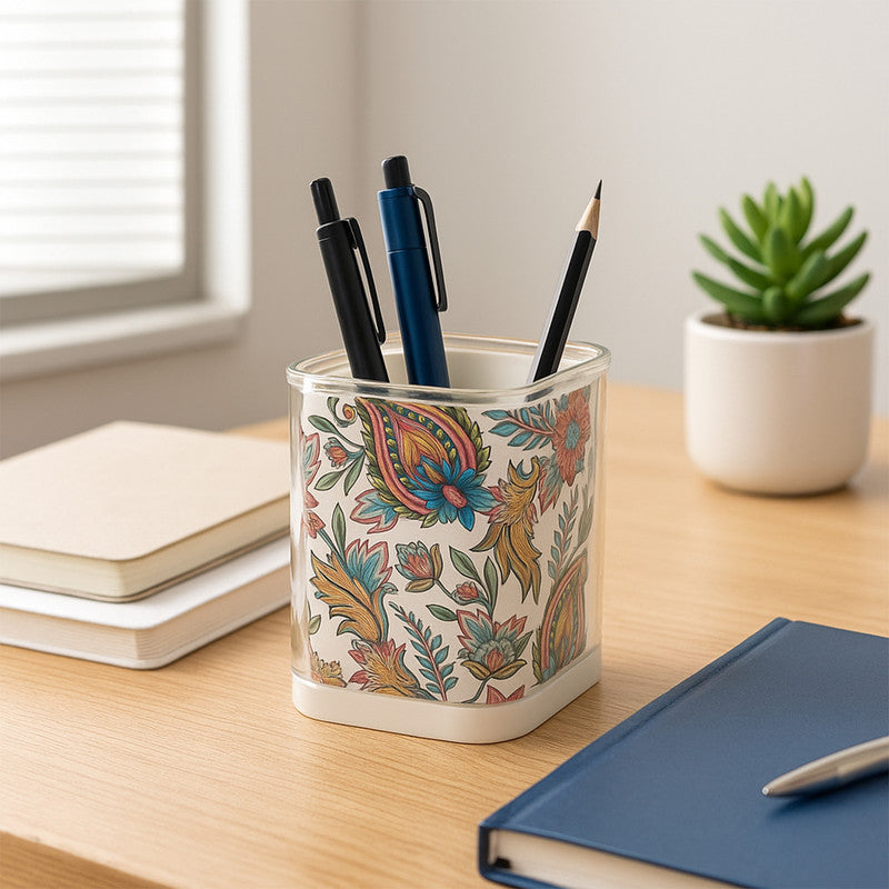 Khyati Crystal Square Pen Stand – Elegant Transparent Floral Desk Organizer