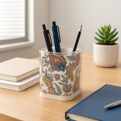 Khyati Crystal Square Pen Stand – Elegant Transparent Floral Desk Organizer