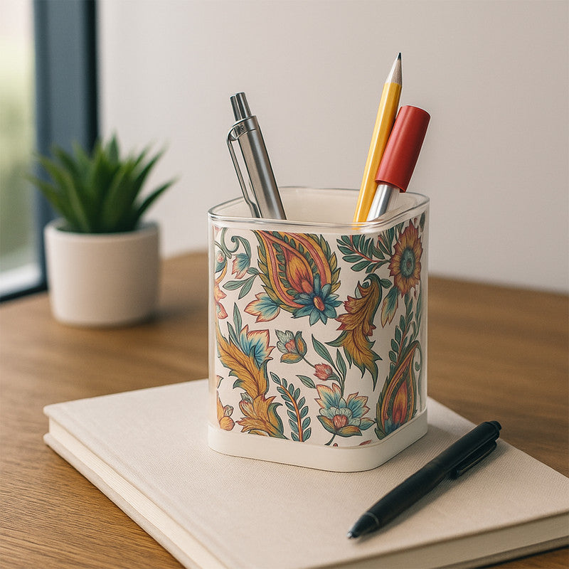 Khyati Crystal Square Pen Stand – Elegant Transparent Floral Desk Organizer