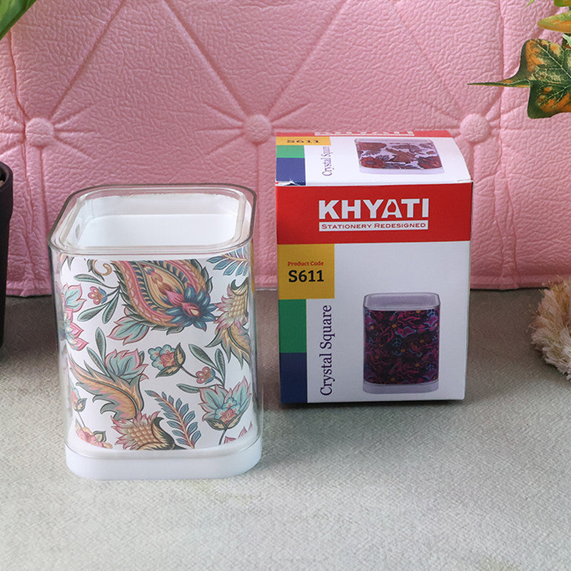 Khyati Crystal Square Pen Stand – Elegant Transparent Floral Desk Organizer