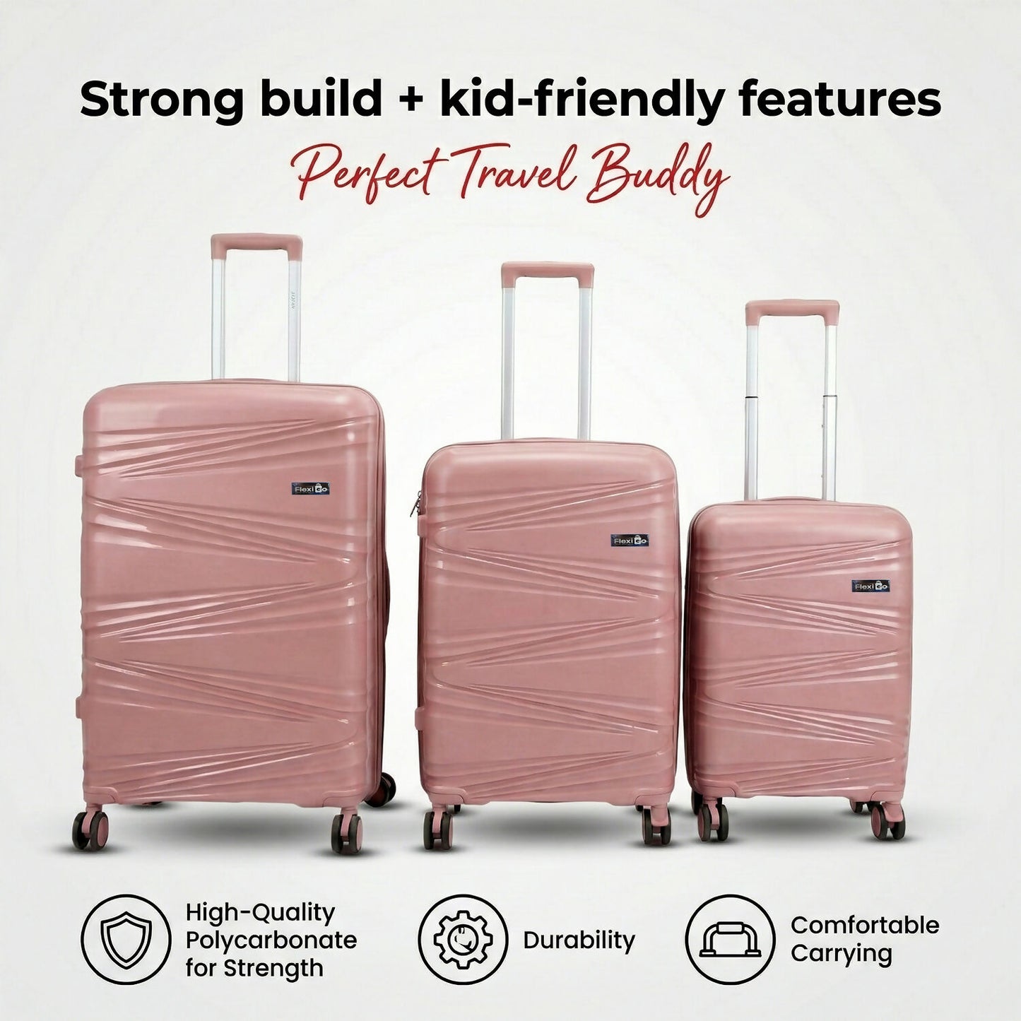 Close-up view of the scratch-resistant rose gold suitcase surface