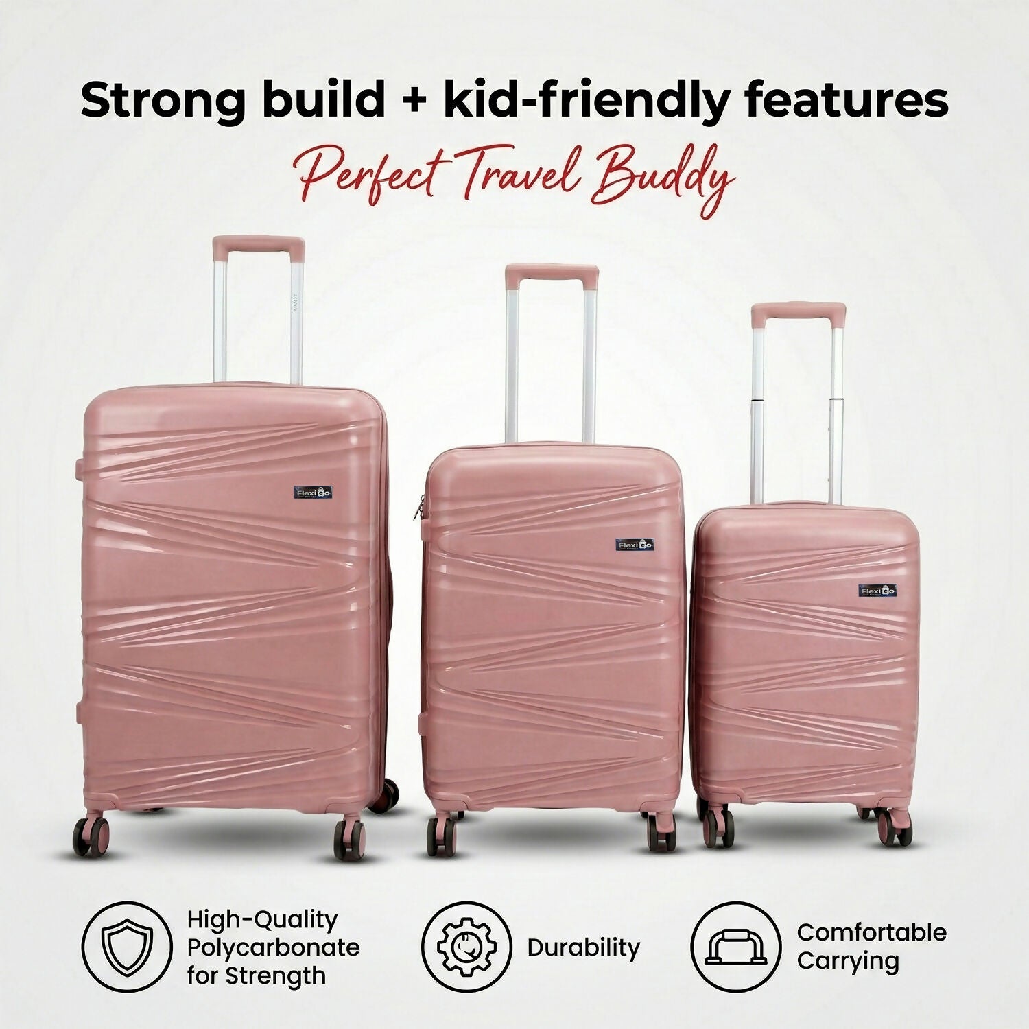Close-up view of the scratch-resistant rose gold suitcase surface