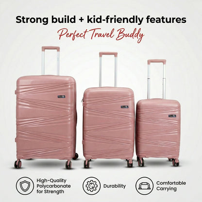 Close-up view of the scratch-resistant rose gold suitcase surface