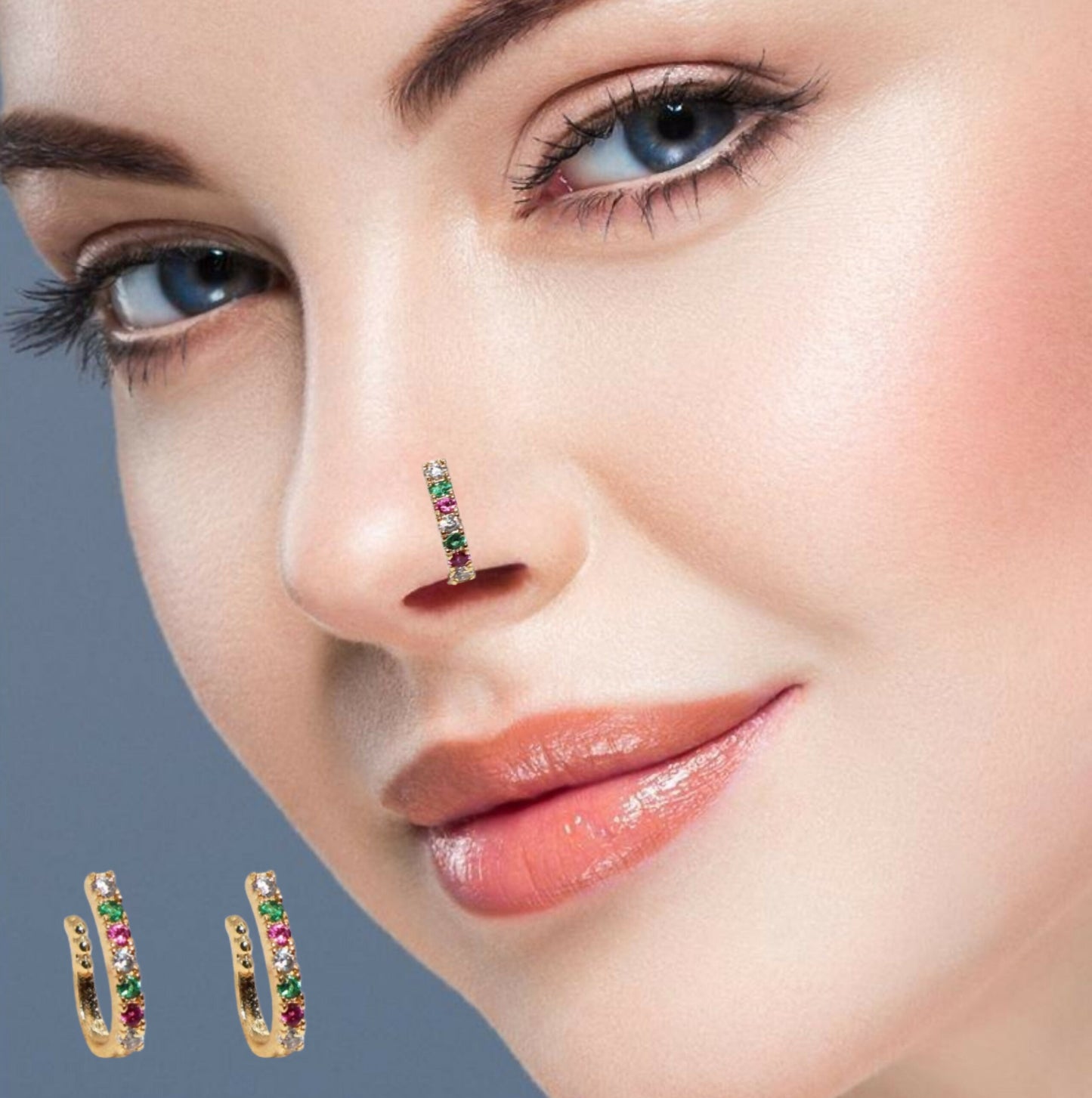 Gold plated multi-color stone nose ring clip-on with green, red, and white stones