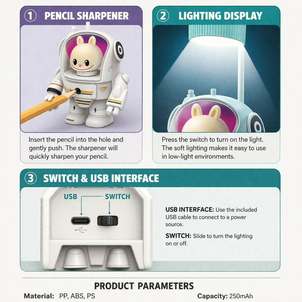 White Astronaut Desk Lamp with Pencil Sharpener and LED Light