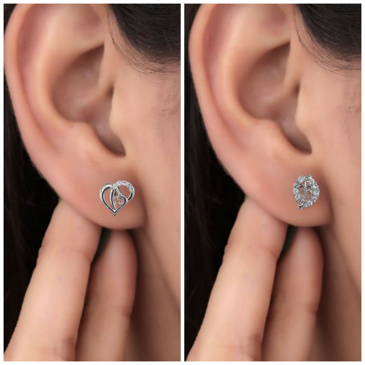 Close-up of silver-plated heart-shaped stud earrings with Cubic Zirconia stones