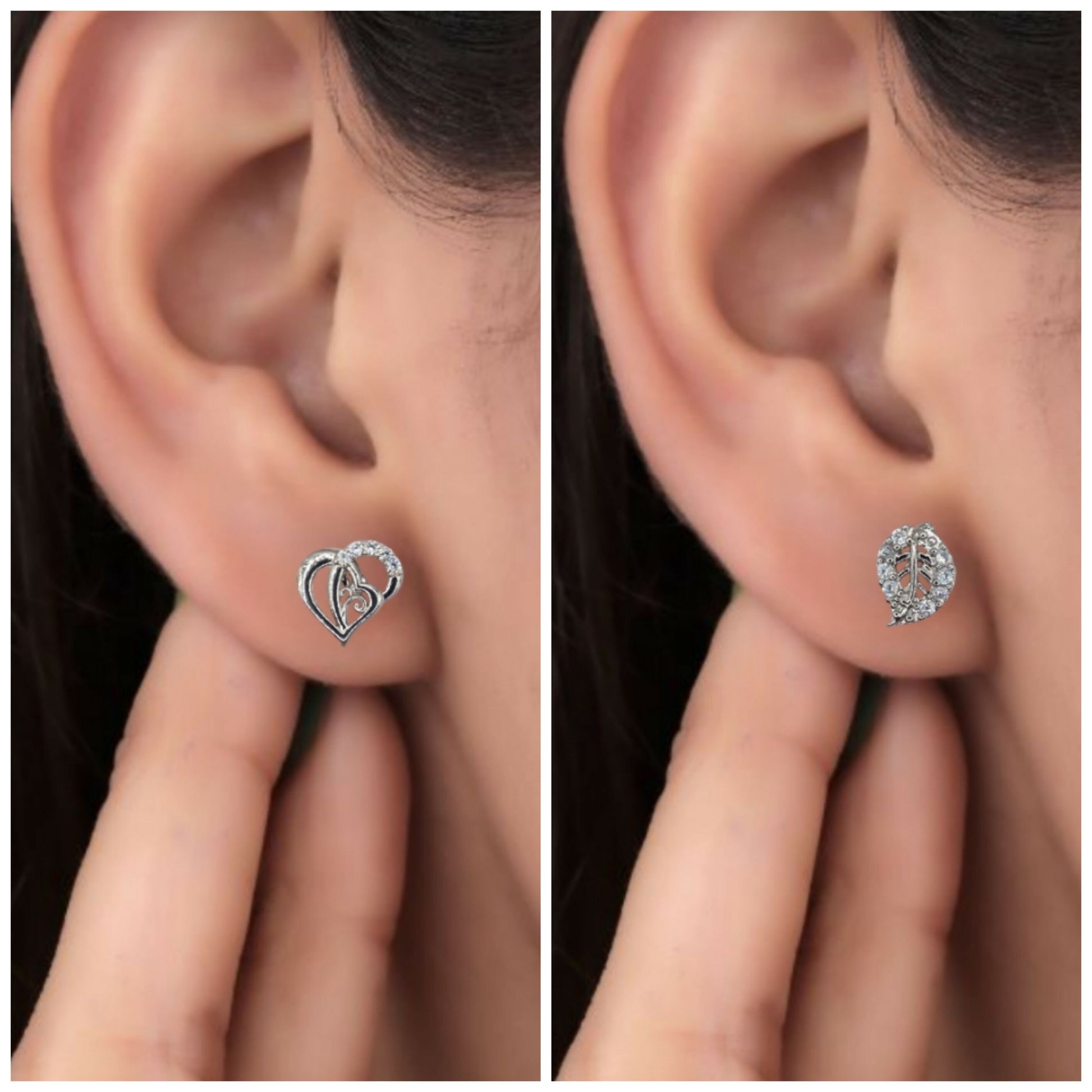Close-up of silver-plated heart-shaped stud earrings with Cubic Zirconia stones