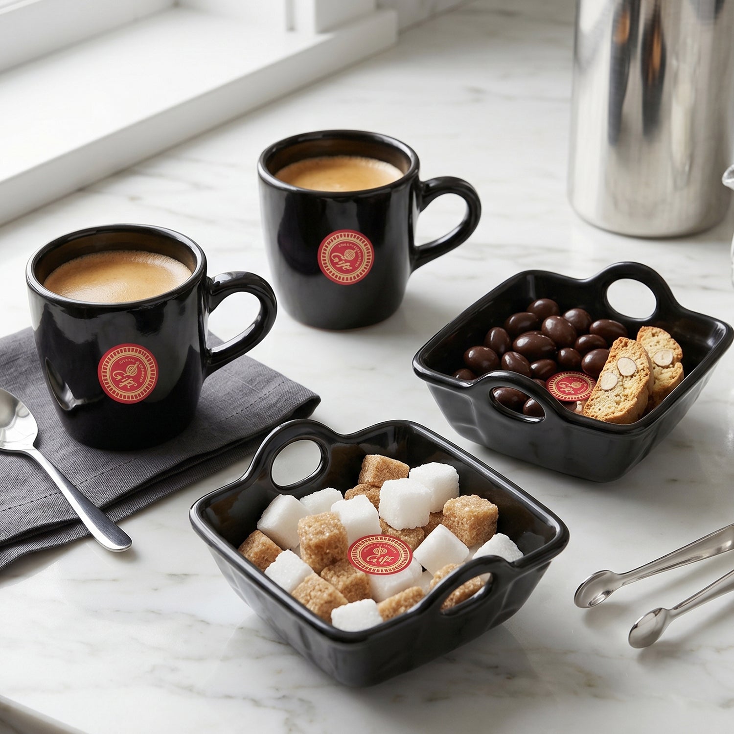 Four-piece ceramic cup and bowl set for beverages