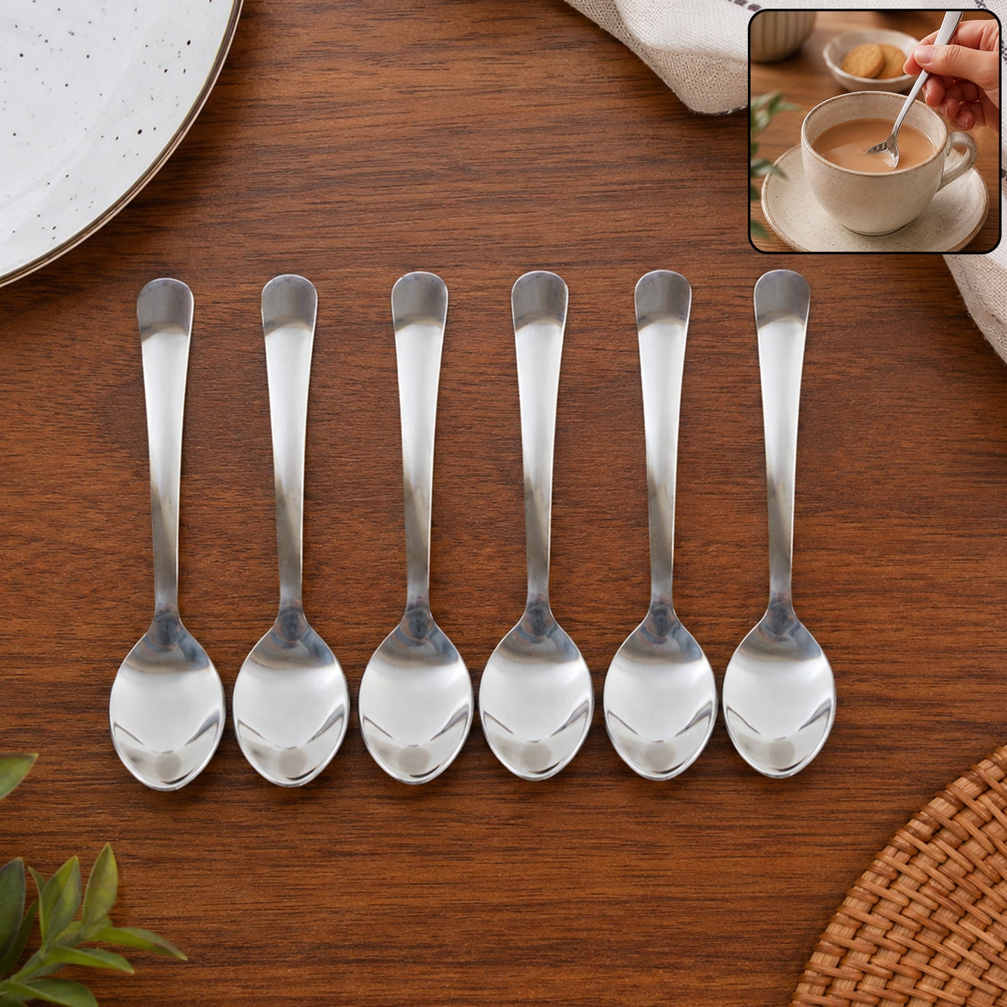 Apex Stainless Steel Tea Spoon Set with Oval Bowl and Slim Handle (6 Pc)