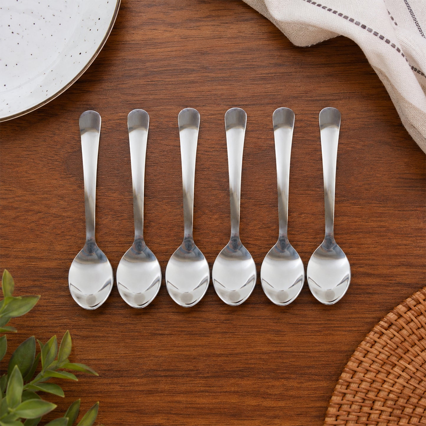 Apex Stainless Steel Tea Spoon Set with Oval Bowl and Slim Handle (6 Pc)