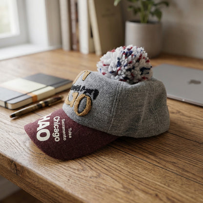 Close-up of woolen cap texture with pom pom