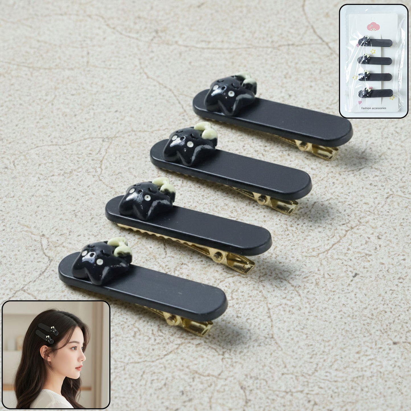 Cute Cat Design Premium Matte Finish Hair Clips (4 Pc)