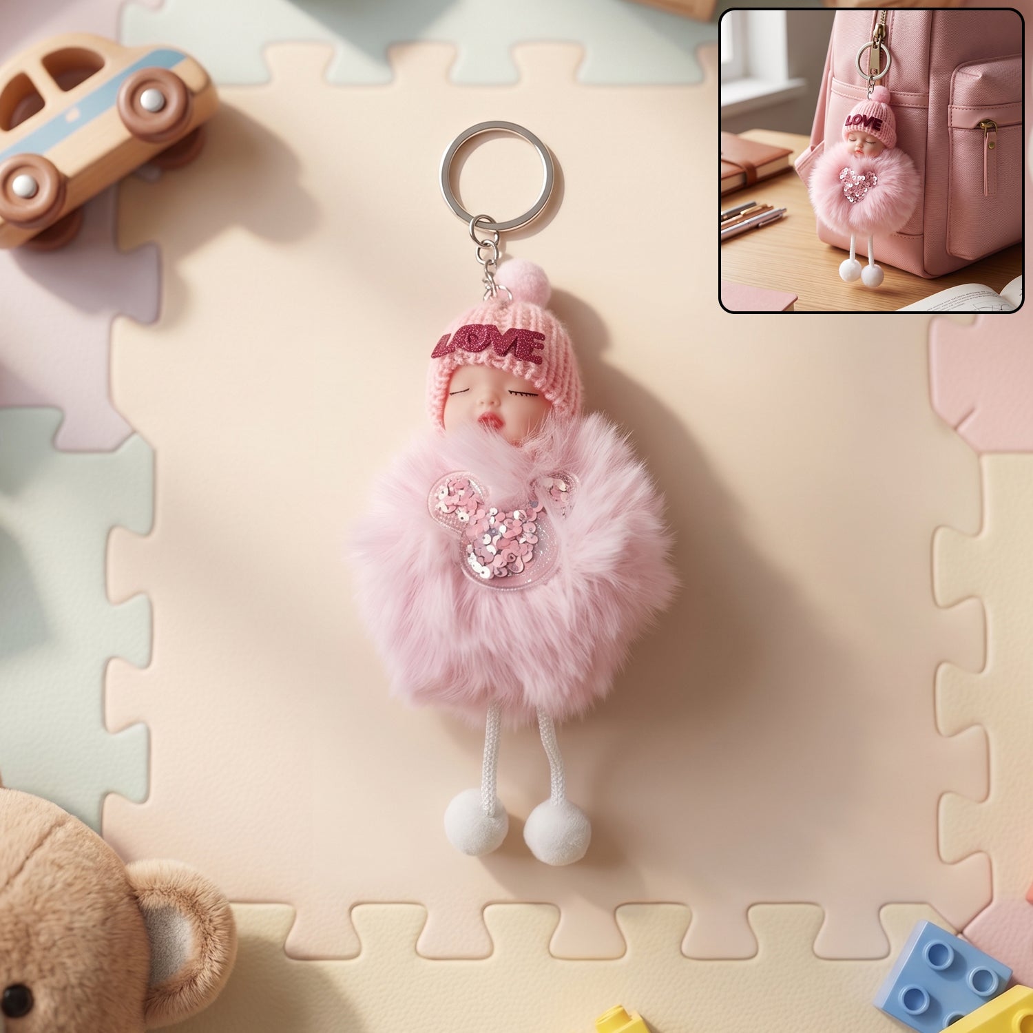 Cute doll plush keychain with soft fur ball on metal ring