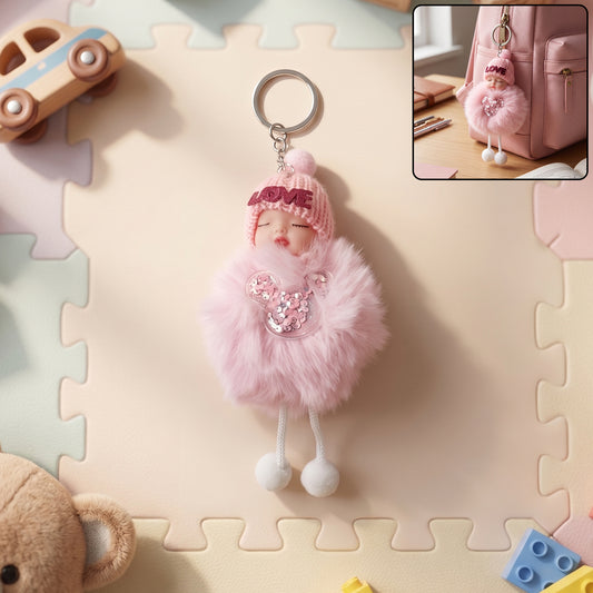 Cute doll plush keychain with soft fur ball on metal ring