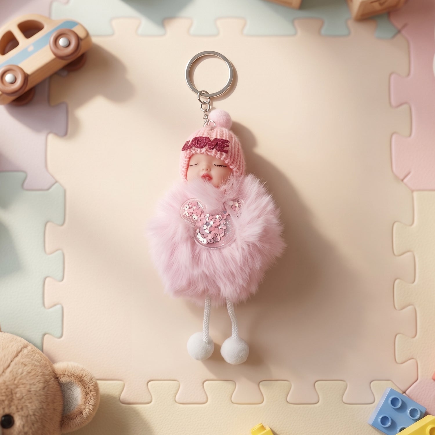 Cute doll plush keychain displayed on a flat surface
