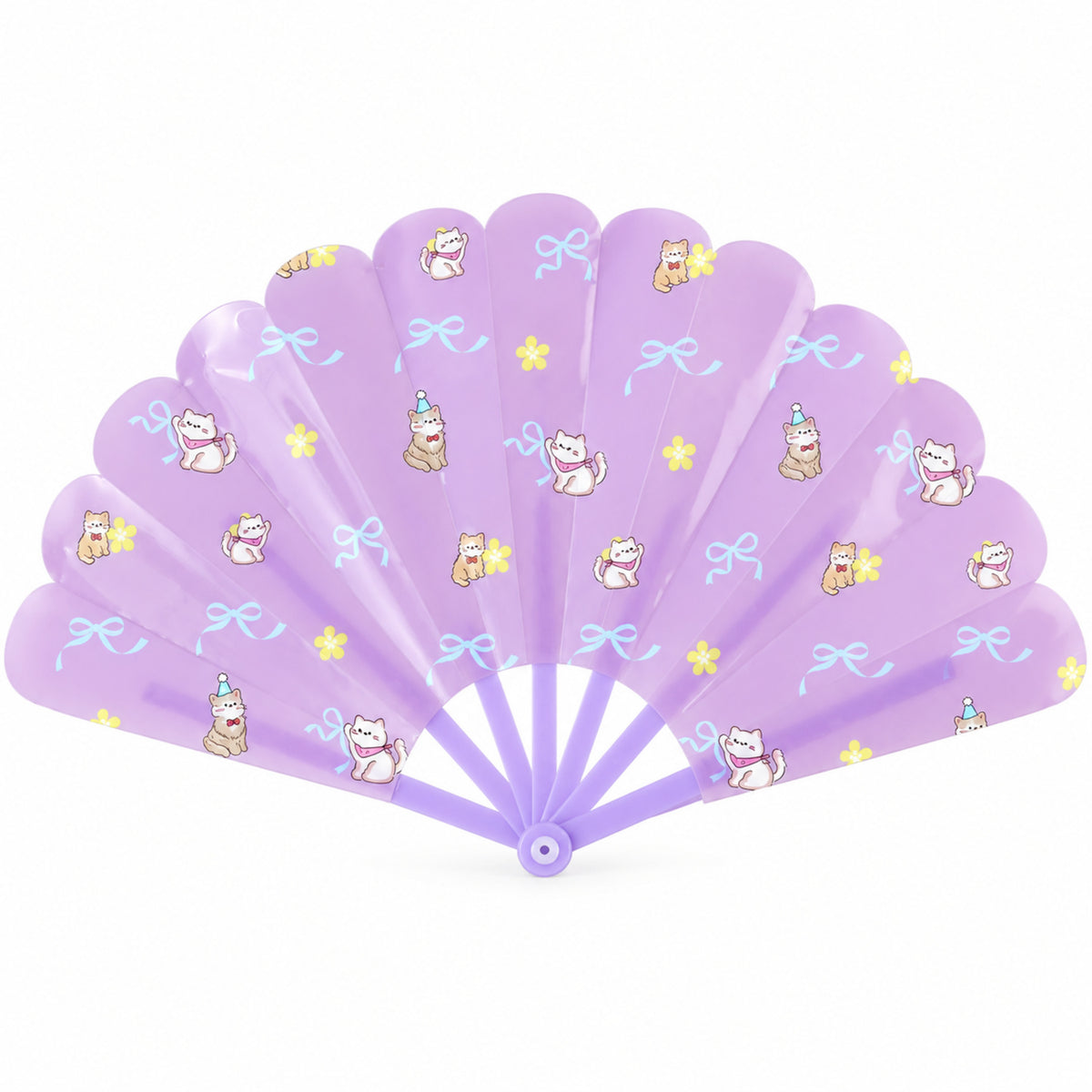 A fully open purple plastic hand fan with cartoon cats, yellow stars, and blue bows on a white background.