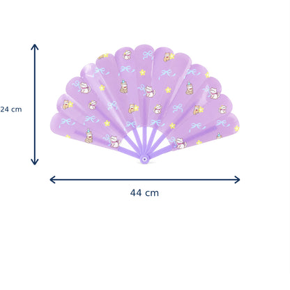 A purple folding hand fan with cat and bow designs is shown with its dimensions of 24 cm by 44 cm.