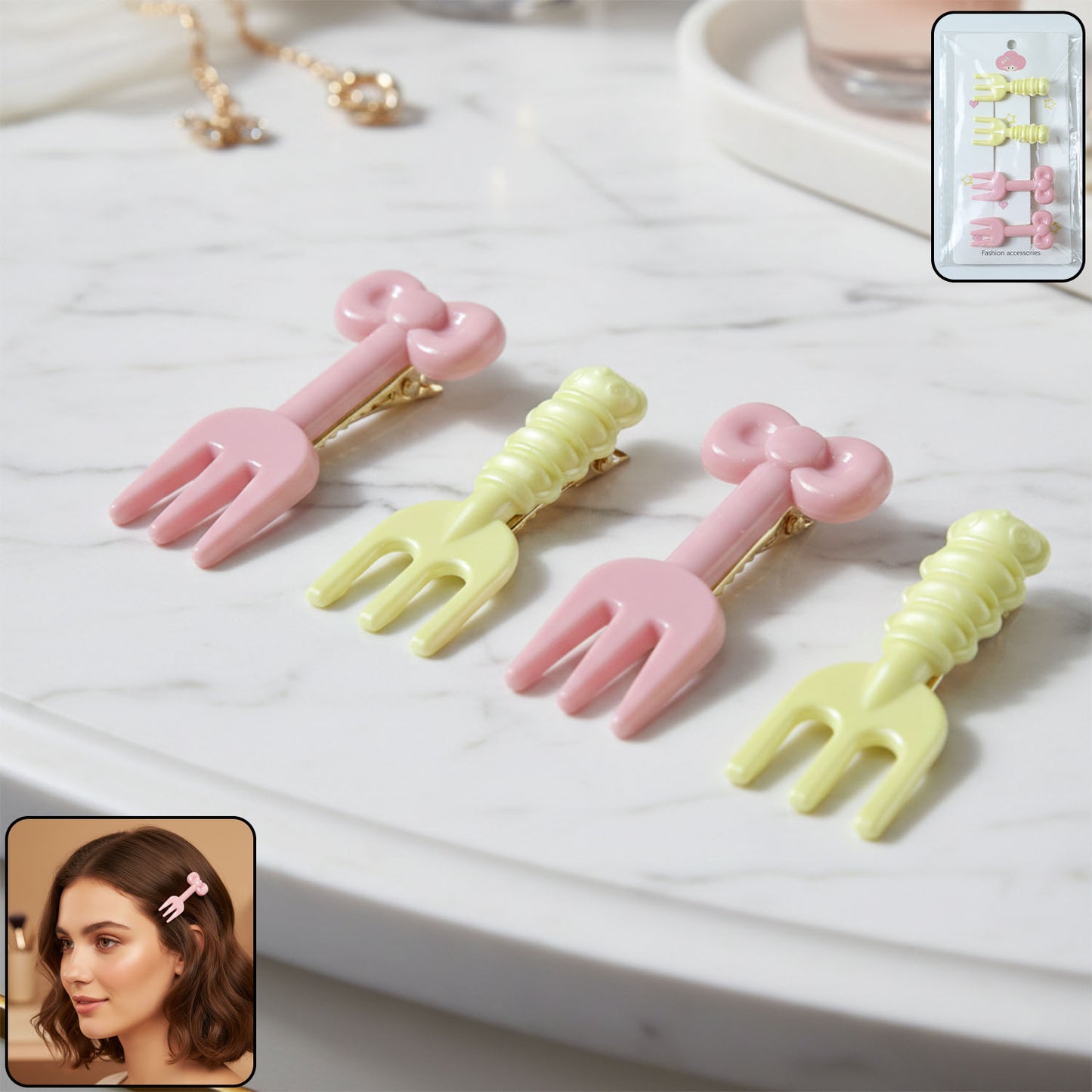 Cute Mini Fork Shaped Hair Clips Set for Girls and Women (4 Pc)