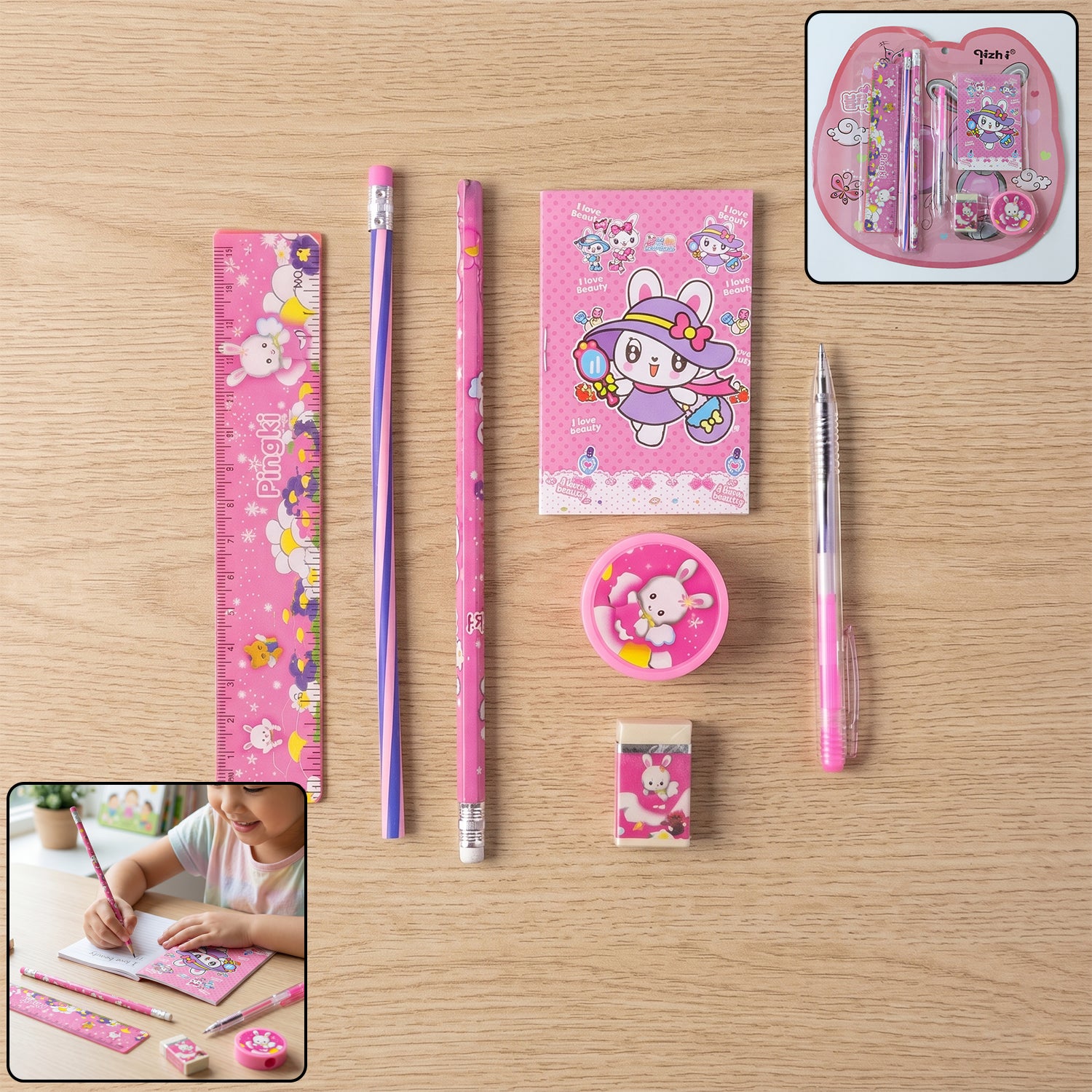 Pink 7-in-1 kids stationery set components
