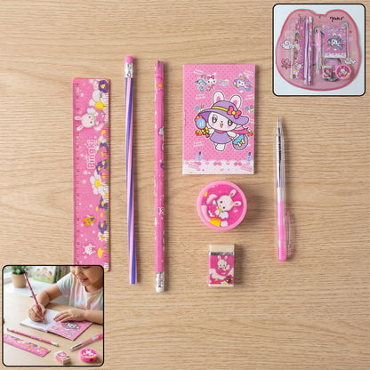 Pink 7-in-1 kids stationery set components