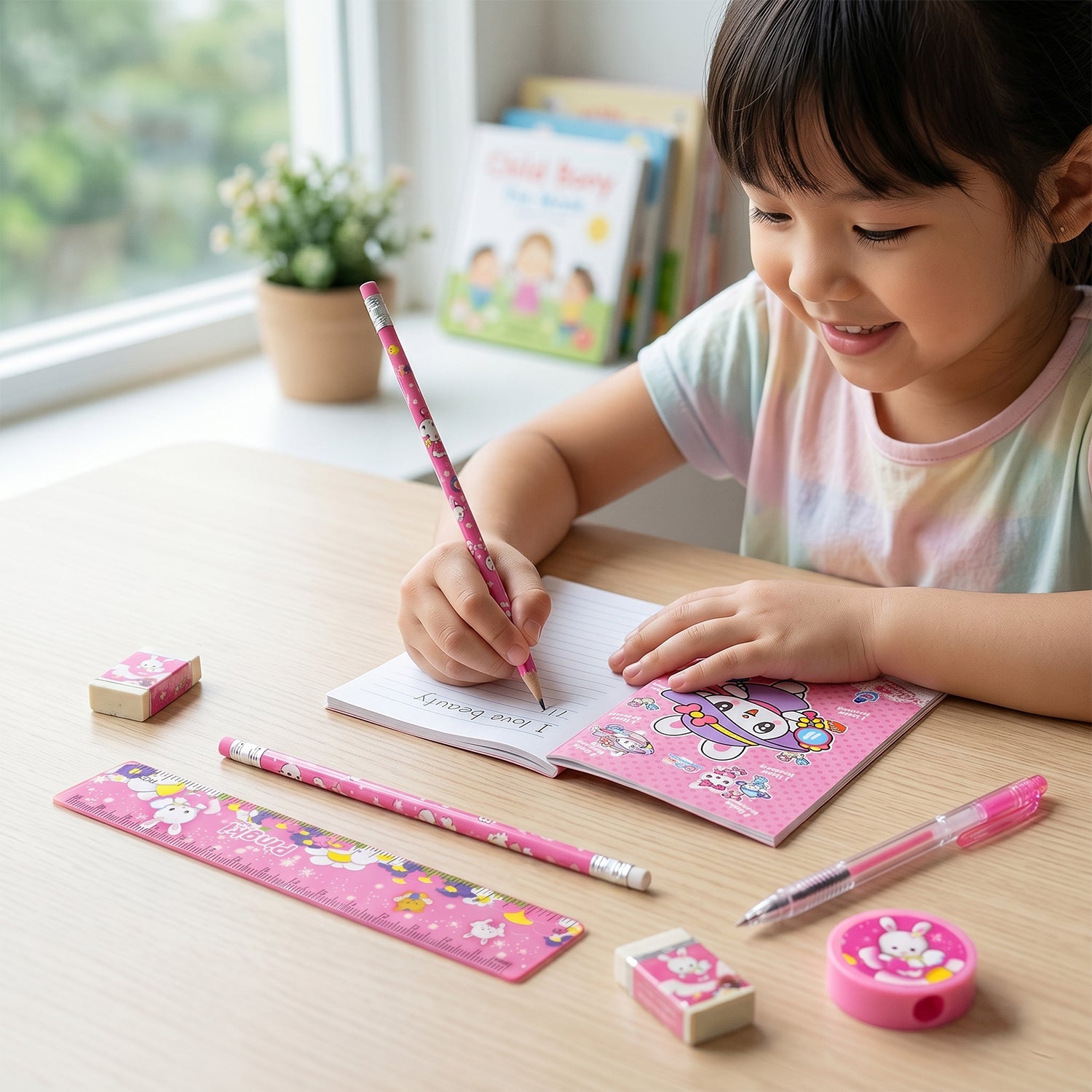 Pink stationery essentials pack for school kids