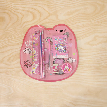 Pink kids stationery set displayed with all items