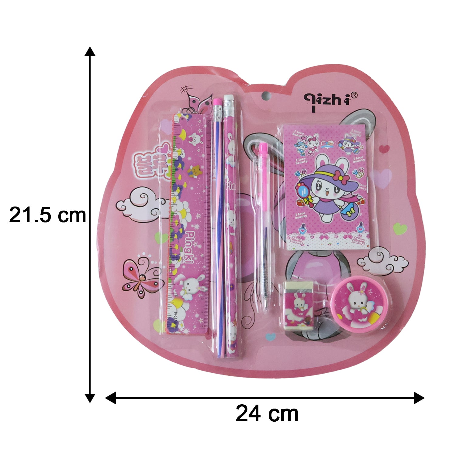 Size details of the pink children stationery set