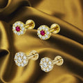 Ruby Diamond Halo Stud Earrings – Gold Plated Flat Back Combo Pack