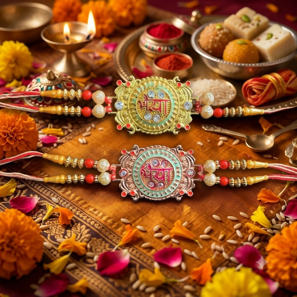 Two ornate Rakhis on a gold patterned fabric, surrounded by marigold flowers, sweets, and a lit candle, creating a festive