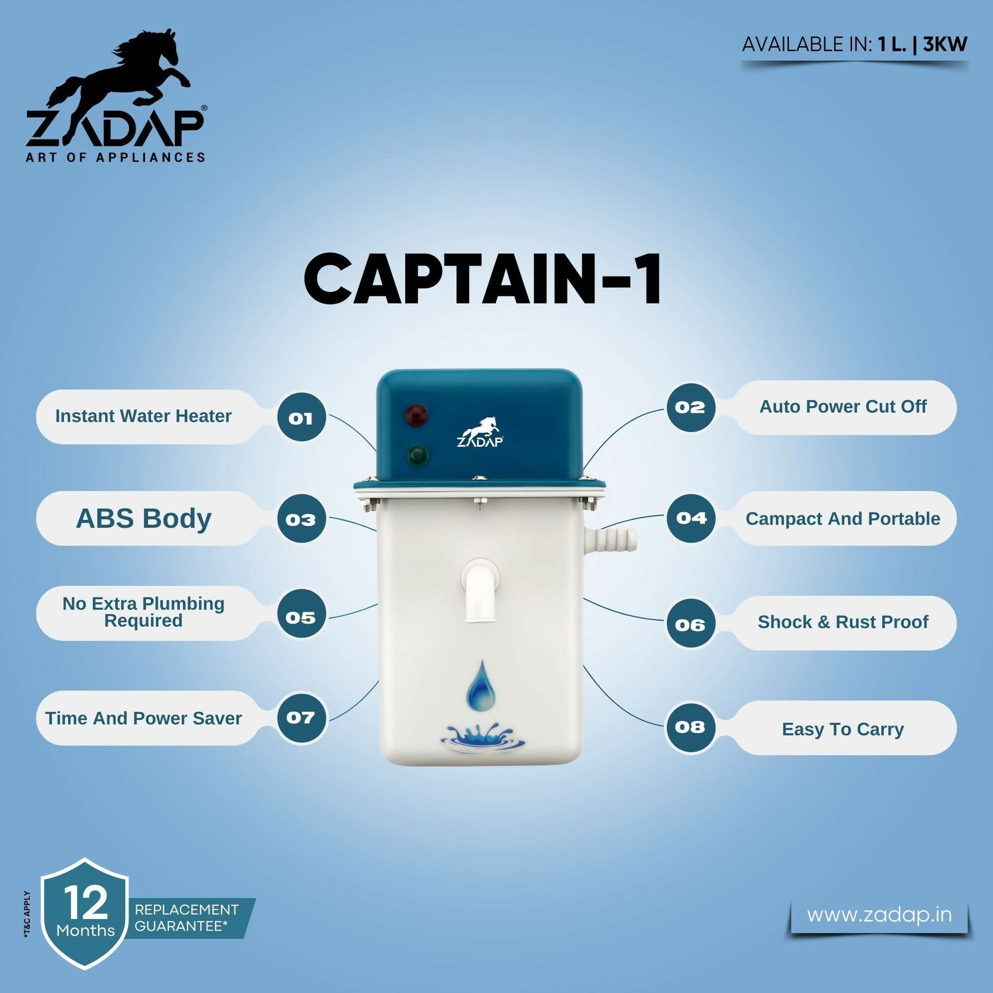 ZADAP Portable 3kW Instant Water Heater - Fast & Safe