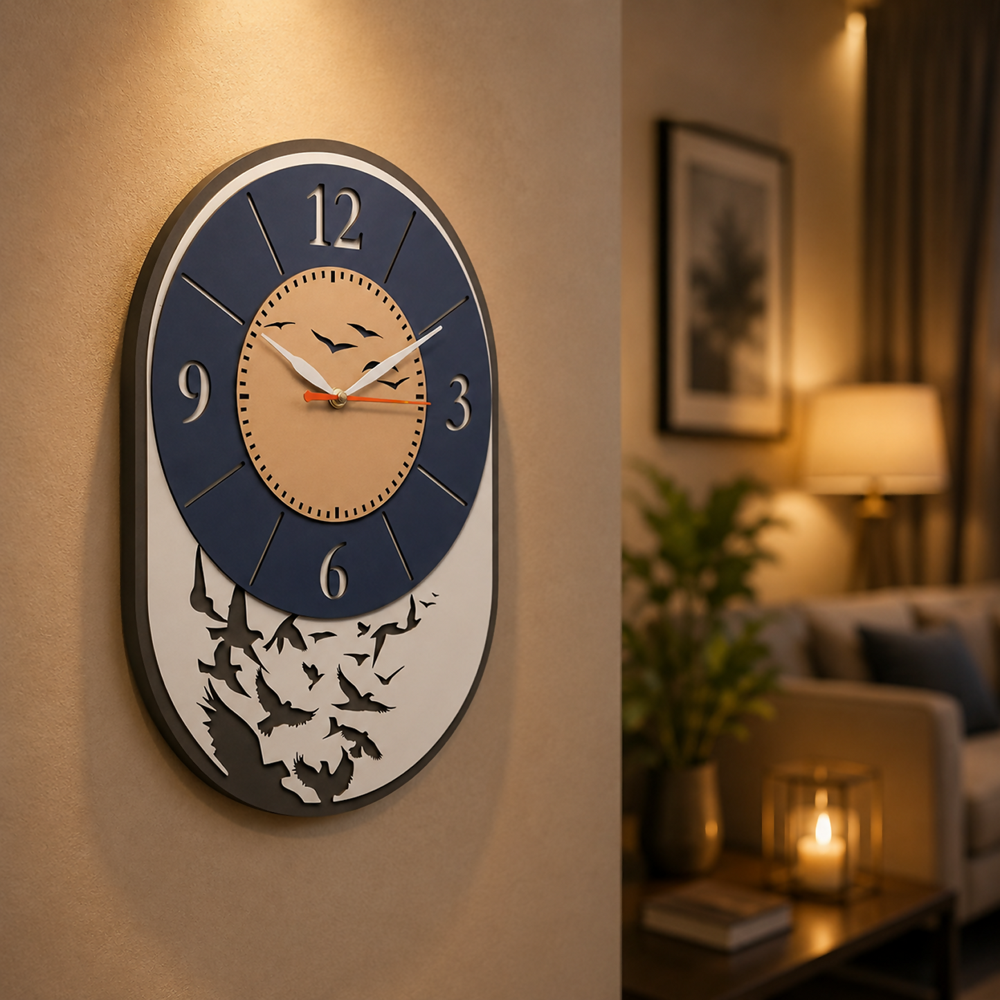 Modern Bird Design Layered MDF Wall Clock Elegant Silent Décor Living Room Office side angle for festive gifting home decor