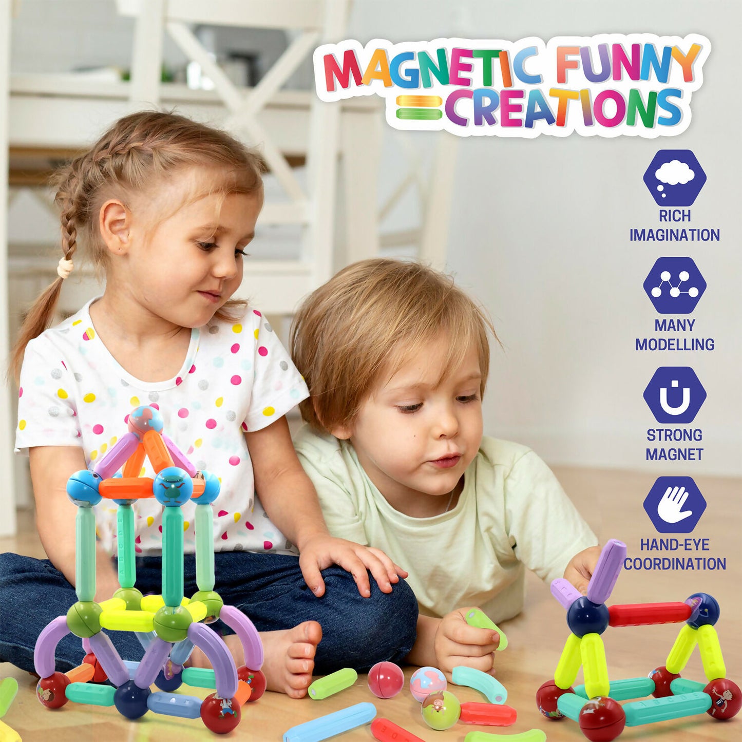 3D magnetic tiles building set with colorful magnetic tiles and interactive marble run