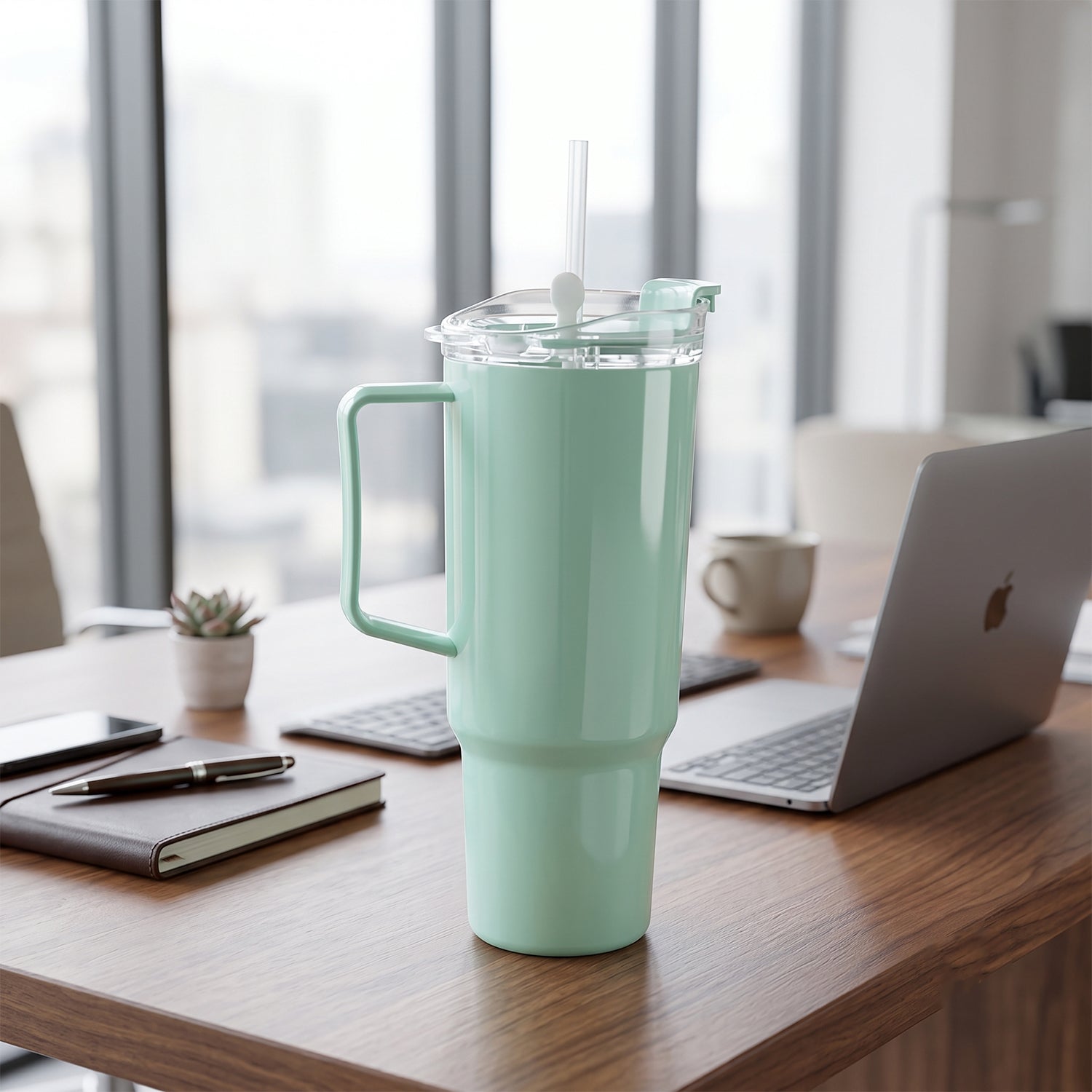 A mint green tumbler with a straw and handle sits on a wooden desk next to a laptop and notebook.